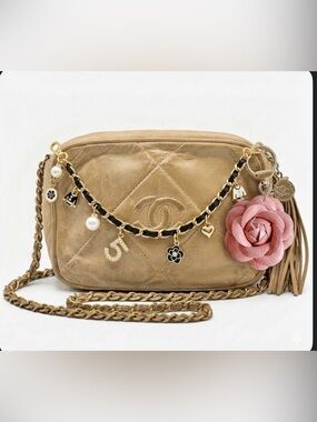 CHANEL Tan Quilted Lambskin Crossbody Camera Bag with Chain and Tassel